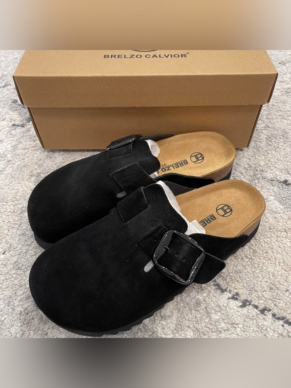 Women's Brelzo Calvior Black Suede Slip-On Buckle Clog